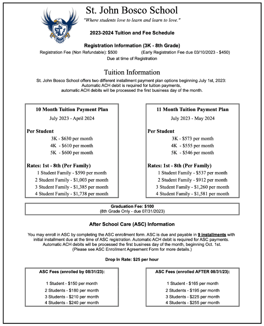 St John Bosco School - 2023-2024 Tuition and Fees